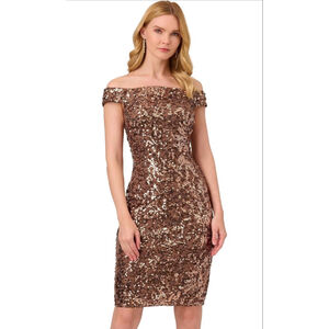 Adrianna Papell Women's Copper Sequin Off Shoulder Dress Size 14 EUC